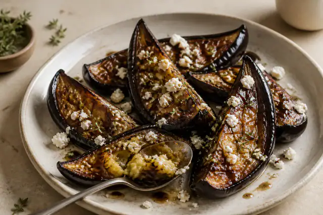 Quartiers d’aubergines rôties et caramélisées avec feta émiettée et thym