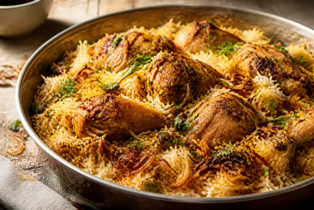 Biryani de poulet au riz basmati jaune avec oignons dorés et coriandre