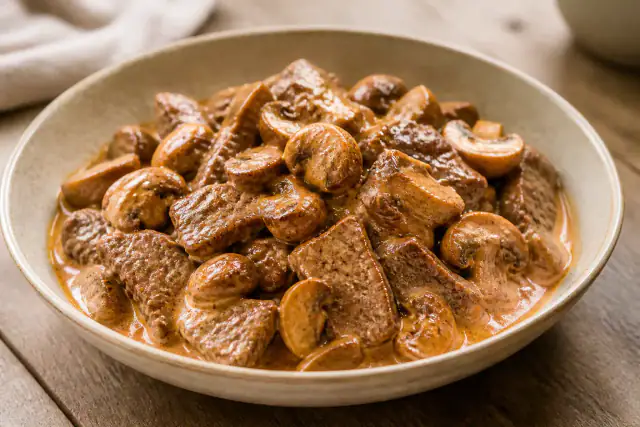 Bœuf Stroganoff crémeux avec lanières de bœuf, champignons et sauce au paprika