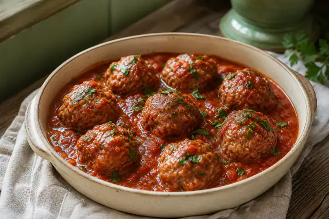 Boulettes de bœuf maison nappées de sauce tomate avec du persil frais