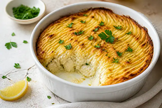 Brandade de morue aux pommes de terre dorée dans un plat avec persil et citron