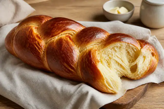Brioche tressée au beurre bien dorée avec mie filante et légère