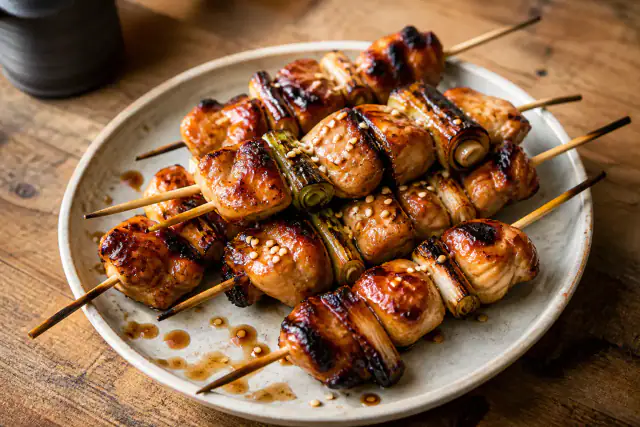 Brochettes yakitori de poulet laquées avec cébettes grillées et sésame