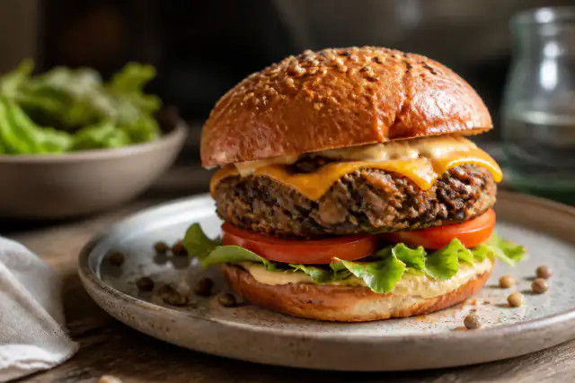 Burger végétarien avec galette de lentilles et champignons, cheddar, tomate et salade