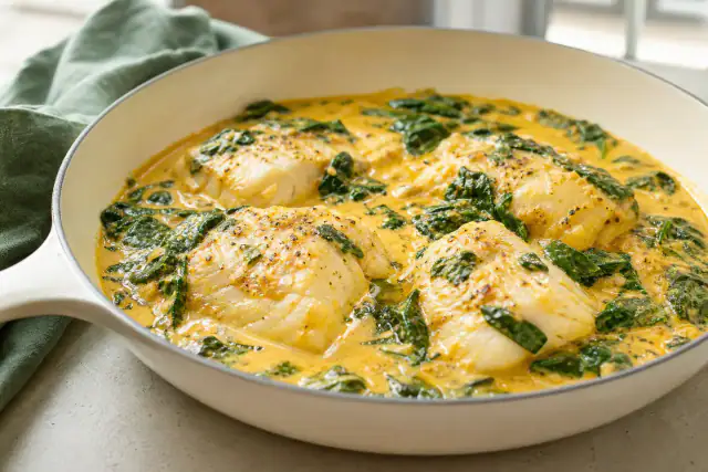 Cabillaud au curry dans une sauce orangée au lait de coco avec épinards frais
