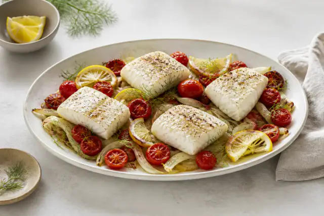 Dos de cabillaud rôti avec fenouil émincé, tomates cerises et citron