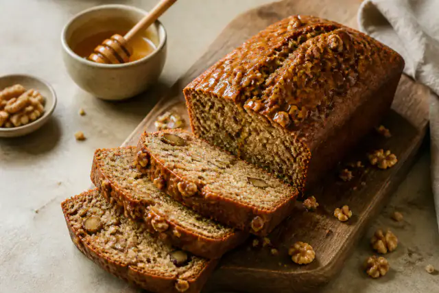 Cake tranché au miel avec morceaux de noix et dessus doré
