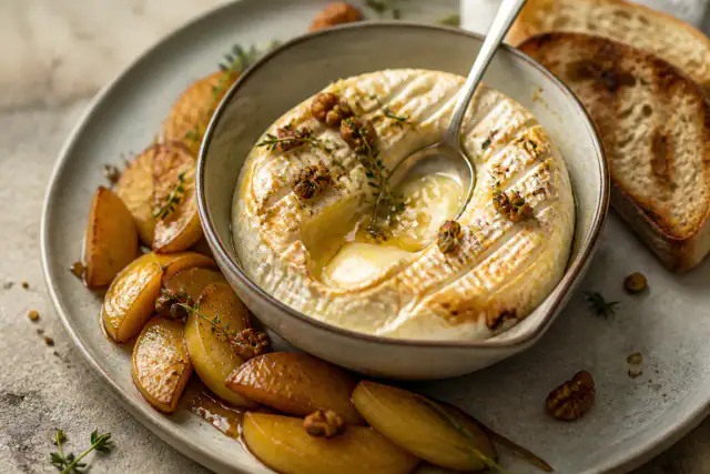 Camembert rôti coulant avec quartiers de pomme, filet de miel, thym et noix