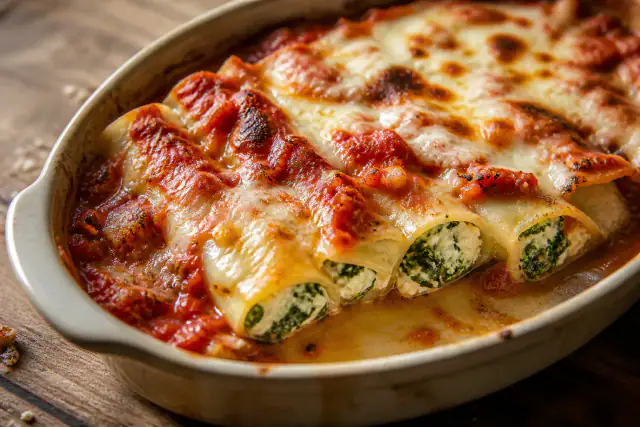 Cannelloni ricotta-épinards gratinés sous une sauce tomate et mozzarella dorée