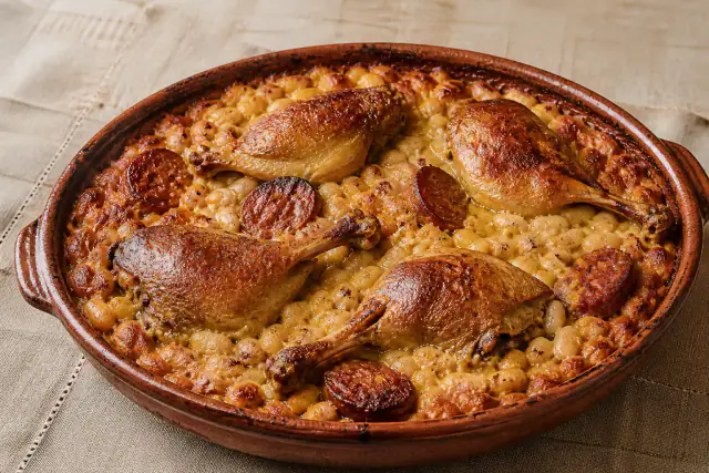 Cassoulet toulousain traditionnel avec haricots blancs, cuisses de canard confites et saucisse dorée