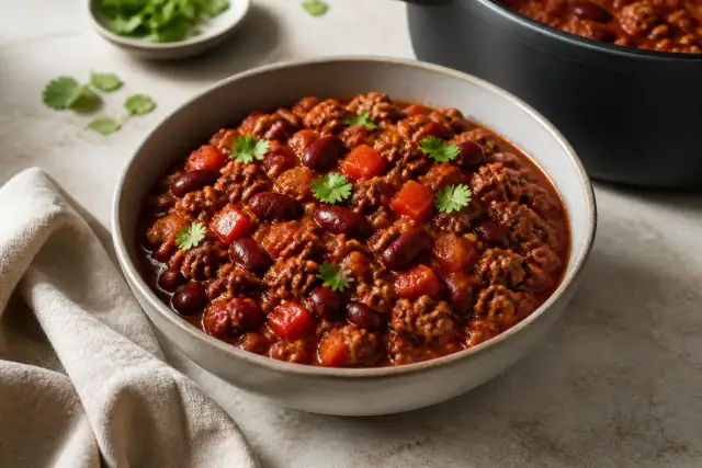 Chili con carne facile au bœuf haché avec haricots rouges, tomate et poivron rouge