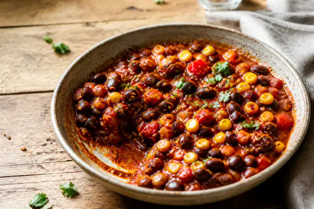Chili sin carne rouge aux haricots noirs, maïs et poivrons dans un bol en céramique