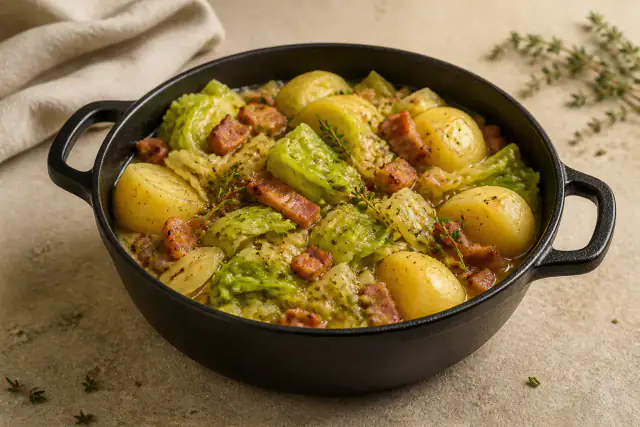 Chou vert braisé avec lardons dorés et pommes de terre dans une cocotte