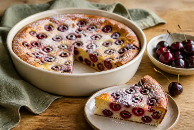 Clafoutis aux cerises facile doré dans un plat rond avec une part servie