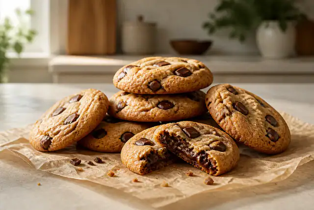 Cookies aux pépites de chocolat moelleux empilés avec bords dorés et centre souple
