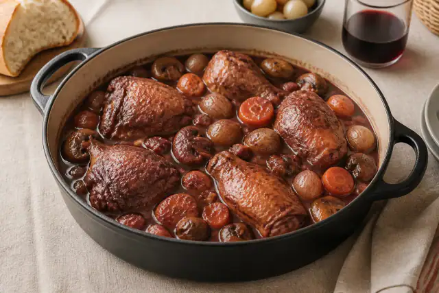 Coq au vin rouge traditionnel avec carottes, petits oignons et champignons dans une cocotte