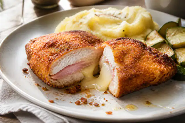 Cordon-bleu de poulet pané et doré avec jambon et Comté fondant