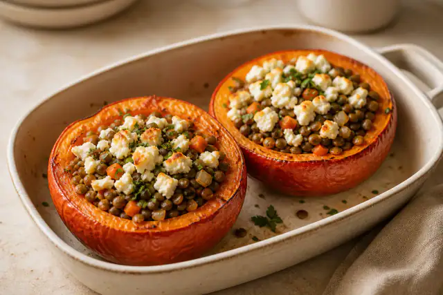 Demi-courge rôtie farcie de lentilles, carottes et feta émiettée