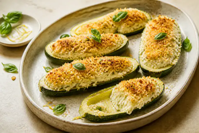 Demi-courgettes rôties farcies de ricotta au citron, basilic et Parmesan
