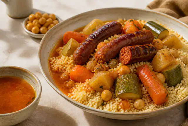 Couscous aux merguez avec semoule, carottes, courgettes, navets et pois chiches
