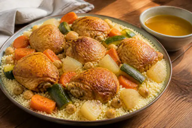 Couscous au poulet avec semoule, carottes, courgettes, navets et pois chiches dans un grand plat