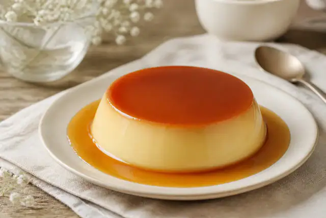 Crème caramel renversée à la vanille entourée d’un caramel ambré brillant