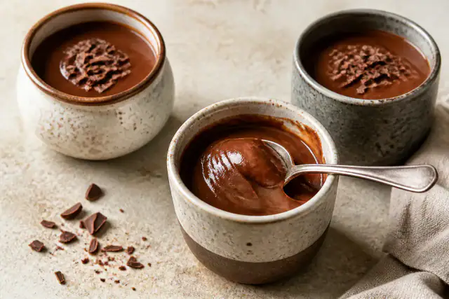 Crème dessert au chocolat lisse dans des petits pots avec copeaux de chocolat