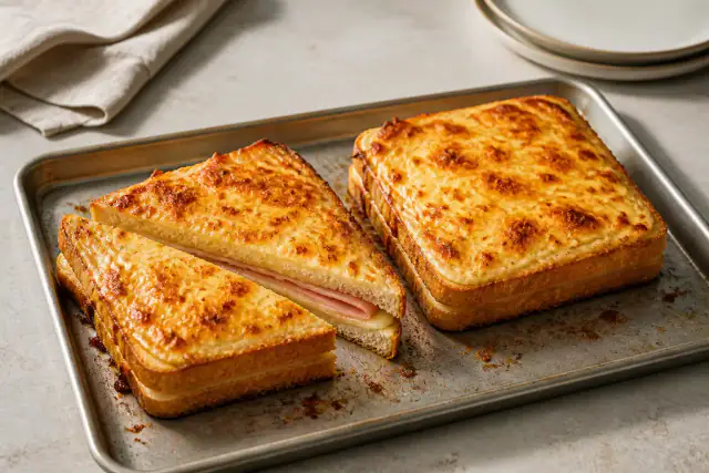 Croque-monsieur au four doré coupé en deux avec jambon blanc et emmental fondant