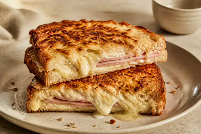 Croque-monsieur doré coupé en deux avec jambon, Comté fondant et sauce crémeuse