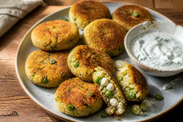 Croquettes dorées de quinoa aux petits pois et feta avec sauce au yaourt