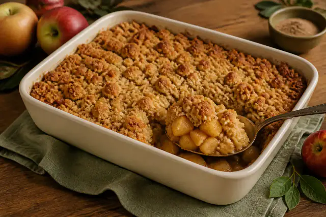 Crumble aux pommes croustillant doré servi tiède dans un plat en céramique