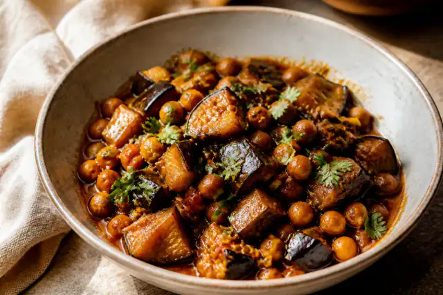 Curry crémeux d’aubergines et pois chiches avec coriandre fraîche