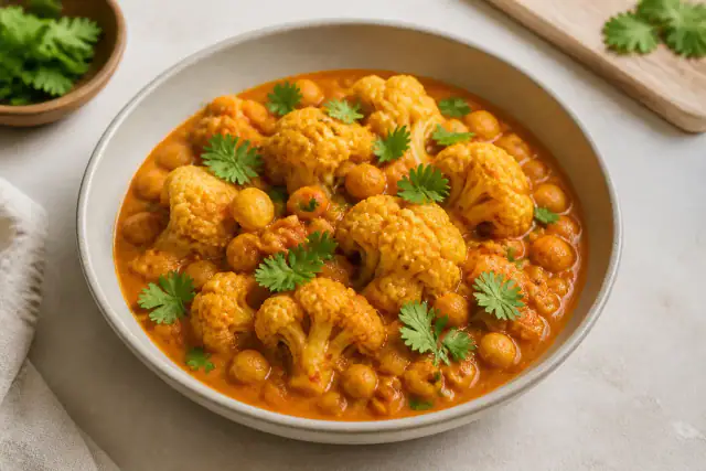 Curry de chou-fleur et pois chiches dans une sauce tomate au lait de coco