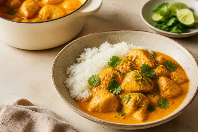 Curry de poulet au lait de coco avec sauce orangée, coriandre et quartier de citron vert