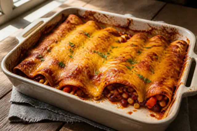 Enchiladas végétariennes gratinées au cheddar avec haricots rouges, poivrons et maïs