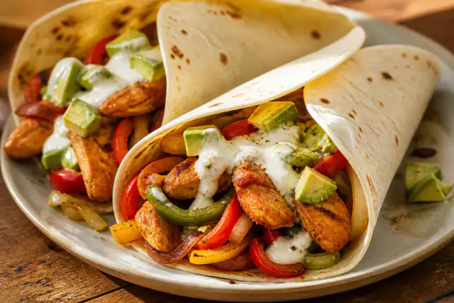 Fajitas garnies de poulet doré, poivrons colorés, oignons et sauce au yaourt