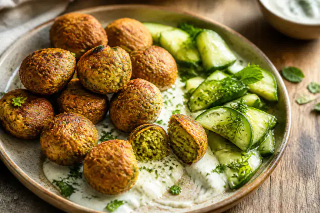 Falafels dorés au four avec sauce au yaourt citronnée, concombre et herbes