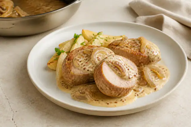 Médaillons de filet mignon de porc couverts de sauce crémeuse à la moutarde à l’ancienne