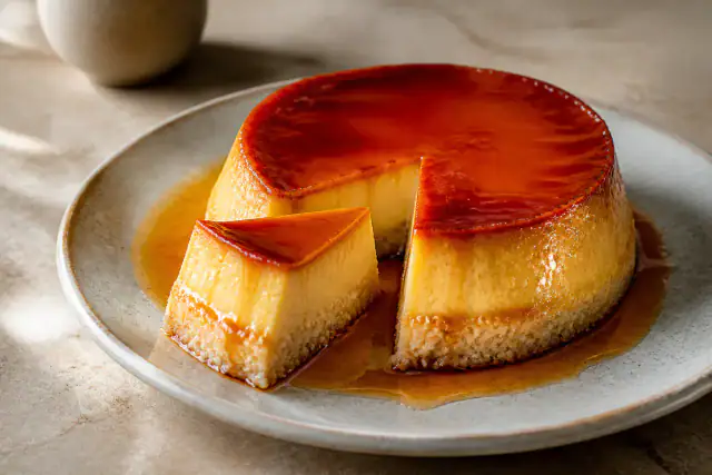 Part de flan coco démoulé avec couche crémeuse, noix de coco et caramel