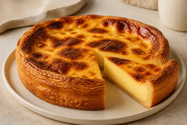 Flan pâtissier épais à la vanille avec dessus brun tacheté et pâte croustillante
