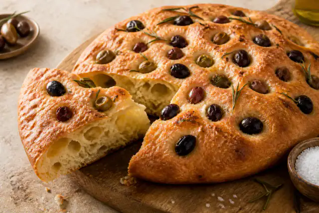 Focaccia épaisse et dorée aux olives, romarin et fleur de sel