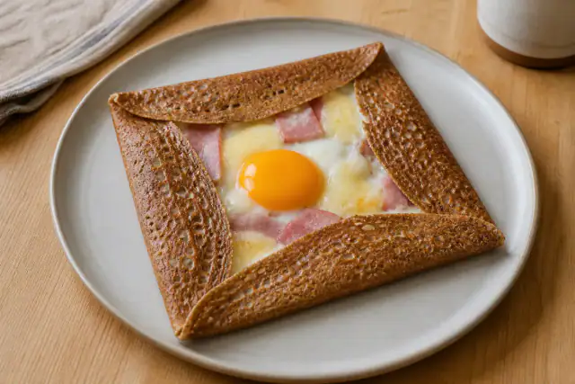 Galette bretonne complète pliée avec œuf, jambon et fromage fondu