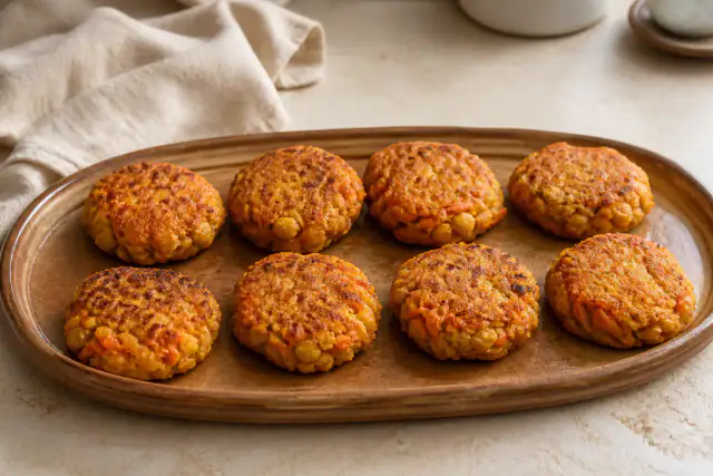Galettes dorées de pois chiches et carottes avec cumin sur une assiette