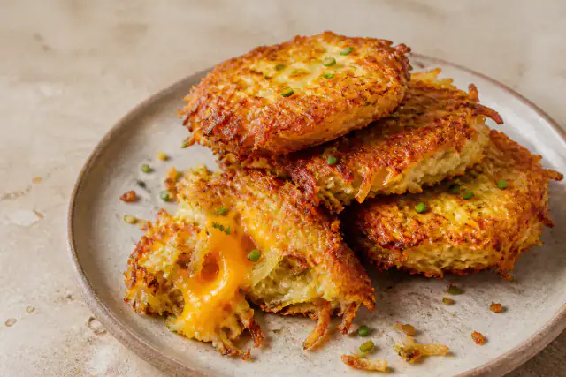 Galettes de pommes de terre dorées avec cheddar fondant et ciboulette