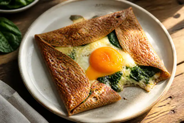 Galette de sarrasin pliée avec épinards, œuf au jaune coulant et Comté fondu
