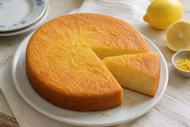 Gâteau au citron moelleux rond avec mie jaune clair et zestes de citron