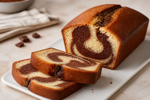 Gâteau marbré chocolat vanille tranché avec spirales nettes et mie moelleuse
