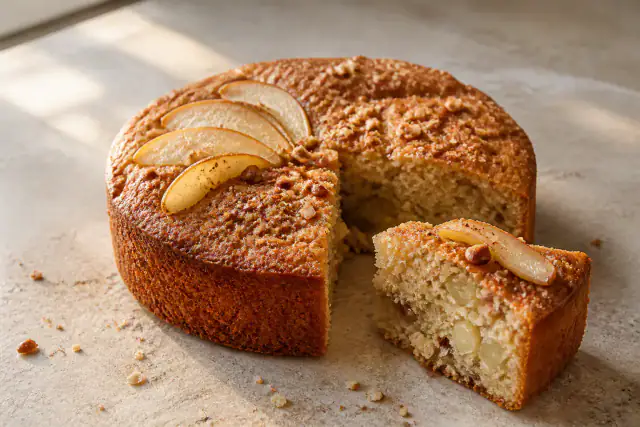 Gâteau moelleux aux quartiers de poires et noisettes grillées