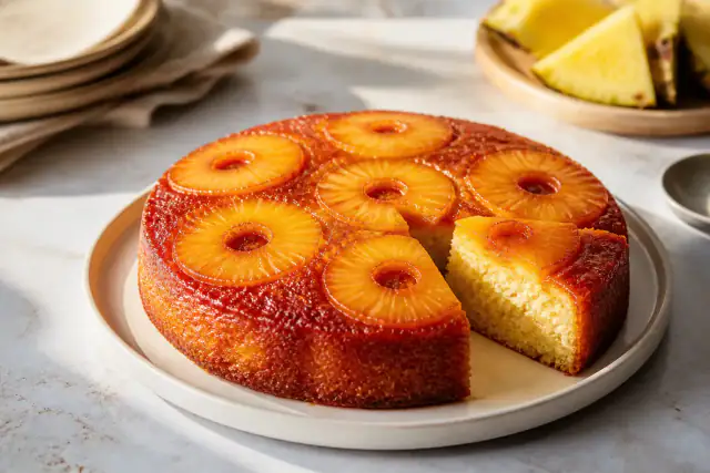 Gâteau renversé à l’ananas avec rondelles caramélisées et mie moelleuse