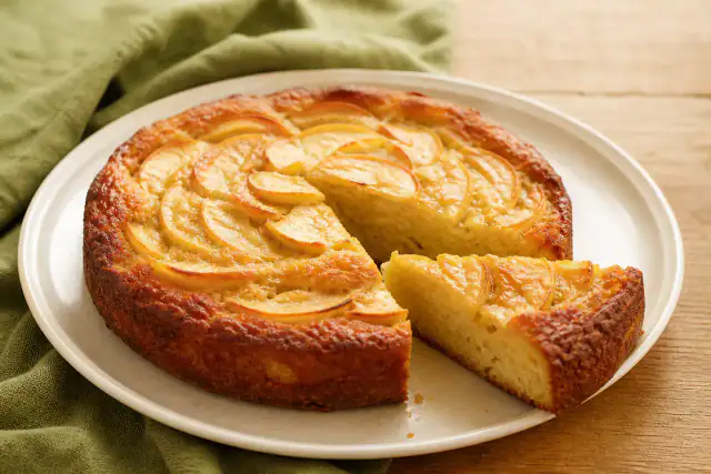 Gâteau au yaourt et aux pommes coupé en parts sur une assiette claire